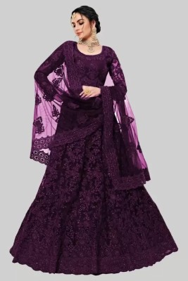 Varni Fashion Embroidered, Floral Print, Self Design, Striped, Chevron/Zig Zag, Digital Print, Colorblock Semi Stitched Lehenga Choli(Purple)