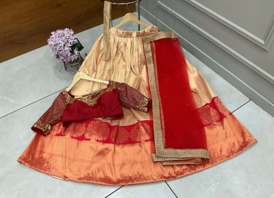 Fabcartz Self Design Semi Stitched Lehenga Choli(Beige, Red)