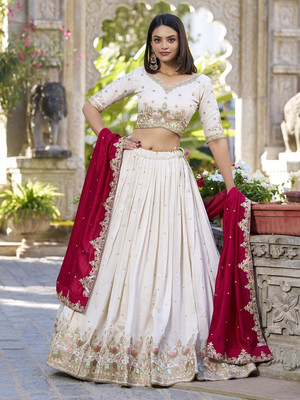 Apnisha Embroidered Semi Stitched Lehenga Choli(White)
