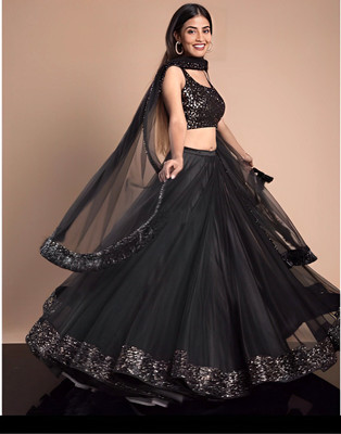 jishastri Solid Semi Stitched Lehenga Choli(Black)