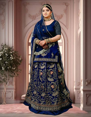Bhawani Collection Embroidered Semi Stitched Rajasthani Poshak(Blue)