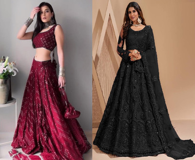 Reelove Factory Embellished Semi Stitched Lehenga Choli(Maroon, Black)
