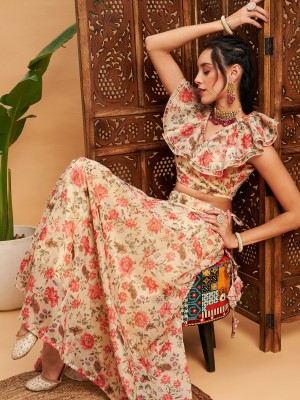 Shae by SASSAFRAS Printed Stitched Lehenga & Crop Top(Beige)