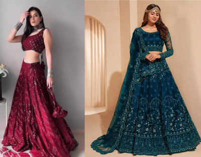 Cute Fellow Embroidered Semi Stitched Lehenga Choli(Maroon, Blue)