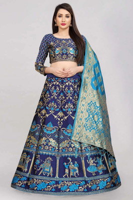 Fabcartz Self Design Semi Stitched Lehenga Choli(Light Blue, Dark Blue)