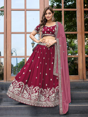 RV Fahion Embroidered Semi Stitched Lehenga Choli(Red)