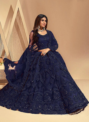 Udbhav Export Embroidered Semi Stitched Lehenga Choli(Dark Blue)