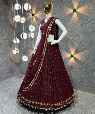 BronezoMart Embroidered, Embellished Semi Stitched Lehenga Choli(Maroon)
