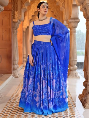 PURVAJA Floral Print Semi Stitched Lehenga Choli(Blue)