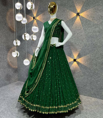 credebs Embroidered Semi Stitched Lehenga Choli(Dark Green)