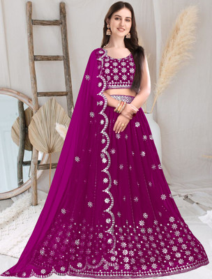 F Plus fashion Embroidered Semi Stitched Lehenga Choli(Purple)