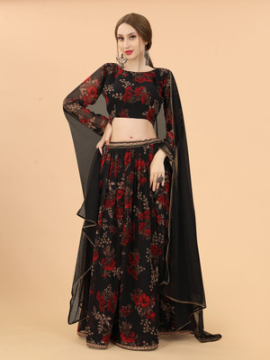 Aspora Floral Print, Embellished, Printed Stitched Lehenga & Crop Top(Black)
