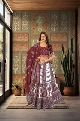 KRISHU ETHNICS Printed Semi Stitched Lehenga Choli(Maroon, White)