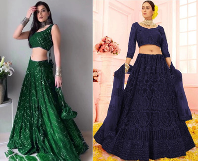 Udbhav Export Embellished Semi Stitched Lehenga Choli(Green, Blue)