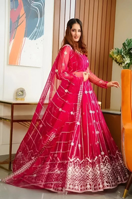 TRIVORA Embellished Semi Stitched Lehenga Choli(Pink)