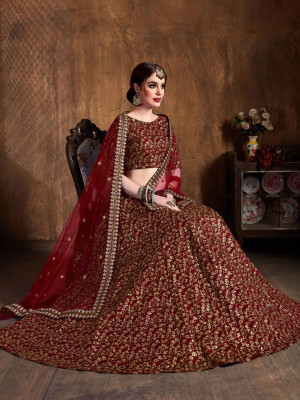 odette Embroidered Semi Stitched Lehenga Choli(Maroon)