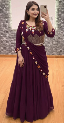 Hemlata Embroidered Semi Stitched Lehenga & Crop Top(Purple)