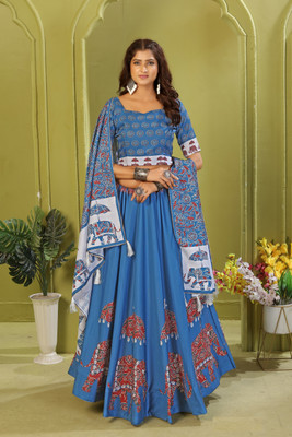 KRISHU ETHNICS Digital Print Semi Stitched Lehenga Choli(Light Blue, Red)