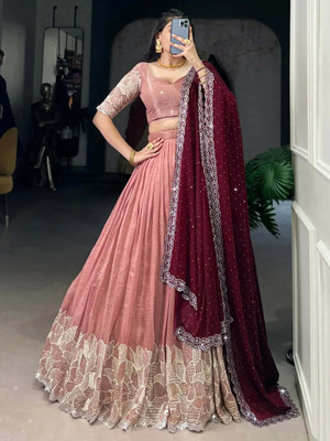 Trivety Embroidered Semi Stitched Lehenga Choli(Pink)