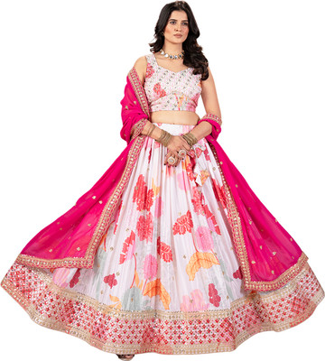 JINIMART Embroidered Semi Stitched Lehenga Choli(White)