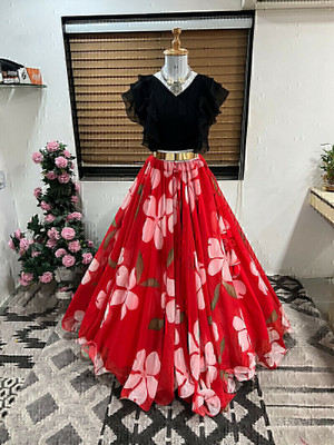 HOUSE OF COMMON Printed Stitched Lehenga & Crop Top(Red)