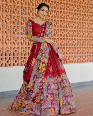 THREADTHRILL Digital Print Semi Stitched Lehenga Choli(Maroon)