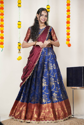 PinkBindi Self Design Semi Stitched Lehenga Choli(Dark Blue)