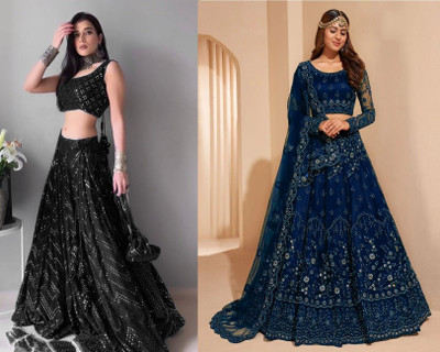 Udbhav Export Embroidered, Embellished Semi Stitched Lehenga Choli(Black, Blue)