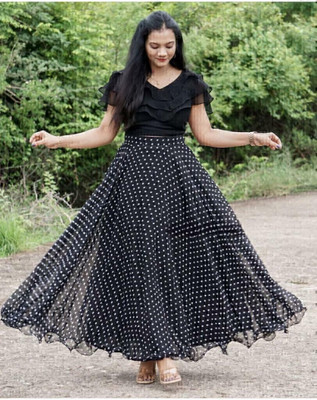 HOUSE OF COMMON Polka Print Stitched Lehenga & Crop Top(Black)