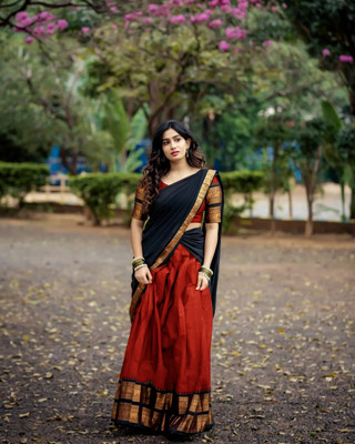 manmohitsaree Solid Semi Stitched Lehenga Choli(Red, Black)
