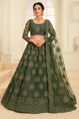 TRIVORA Embroidered Semi Stitched Lehenga Choli(Green)