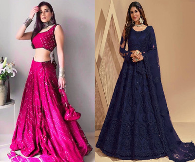 Cute Fellow Embroidered Semi Stitched Lehenga Choli(Pink, Dark Blue)