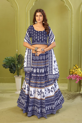 KRISHU ETHNICS Digital Print Semi Stitched Lehenga Choli(Blue, White)