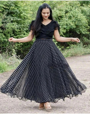 Rivaashafashion Floral Print Stitched Lehenga & Crop Top(Black)