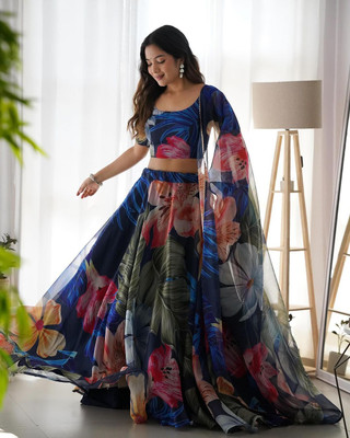 PuriMaa Floral Print Semi Stitched Lehenga Choli(Multicolor)