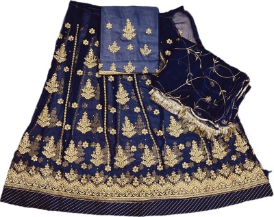 Shimla Embellished, Floral Print Semi Stitched Rajasthani Poshak(Dark Blue)
