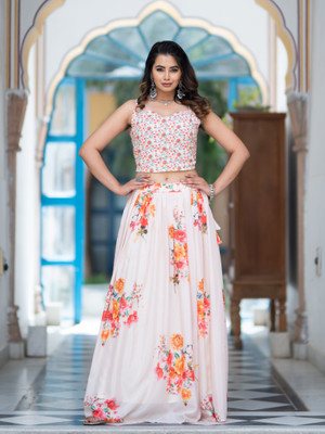 Aspora Printed Semi Stitched Lehenga Choli(White)