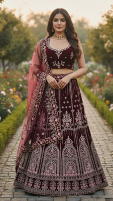 G2J BROTHERS Embroidered Semi Stitched Lehenga Choli(Maroon)