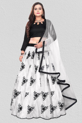 RUTSH CREATION Embroidered Semi Stitched Lehenga Choli(White)