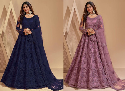 Udbhav Export Embellished Semi Stitched Lehenga Choli(Blue, Purple)
