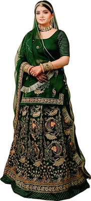 Bhawani Collection Embroidered Semi Stitched Rajasthani Poshak(Dark Green)