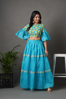 God Bless Floral Print Stitched Lehenga & Crop Top(Light Blue)