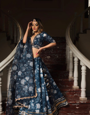 SEIKETSU Digital Print Semi Stitched Lehenga Choli(Blue)