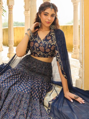 Janasya Floral Print Stitched Lehenga Choli(Dark Blue)