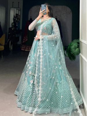 HOUSE OF COMMON Embroidered Semi Stitched Lehenga Choli(Light Blue)
