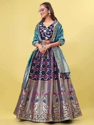 PURVAJA Bandhani Semi Stitched Lehenga Choli(Dark Blue)