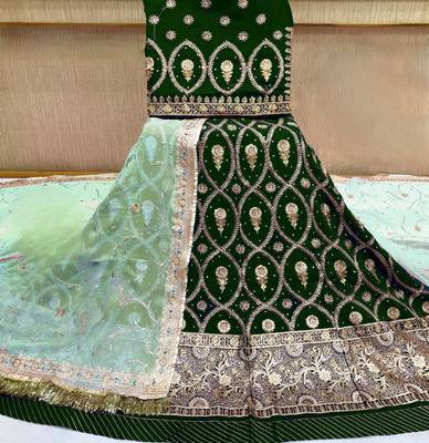 Anjani Textile Embroidered Semi Stitched Rajasthani Poshak(Green, Light Green)