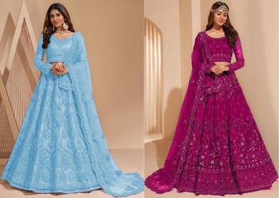 Cute Fellow Embroidered Semi Stitched Lehenga Choli(Light Blue, Pink)