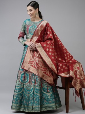 KAZIA Embellished, Floral Print, Self Design, Printed Semi Stitched Lehenga Choli(Light Blue)