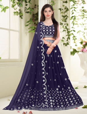 Trust Win Textile Embroidered Semi Stitched Lehenga Choli(Dark Blue)